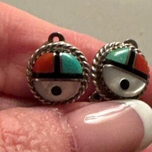 Zuni Sunface Turquoise Coral Sterling Silver Earrings Clip-On